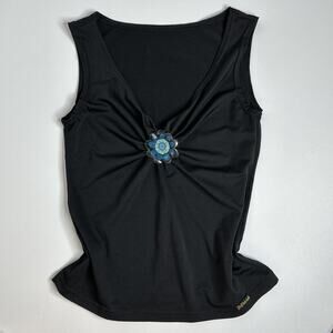 Vintage 90s Y2K Tank Top Small Black Flower Appliqué Ruched Fairy Whimsigoth